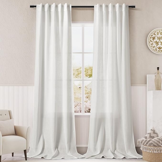 Off White Linen Curtains 84 inches Long for Bedroom Back Tab Light Filtering Privacy Sheer Curtains Modern Farmhouse Coastal Decor White Cotton Textured Gauze Curtain for Living Room 2 Panel Set