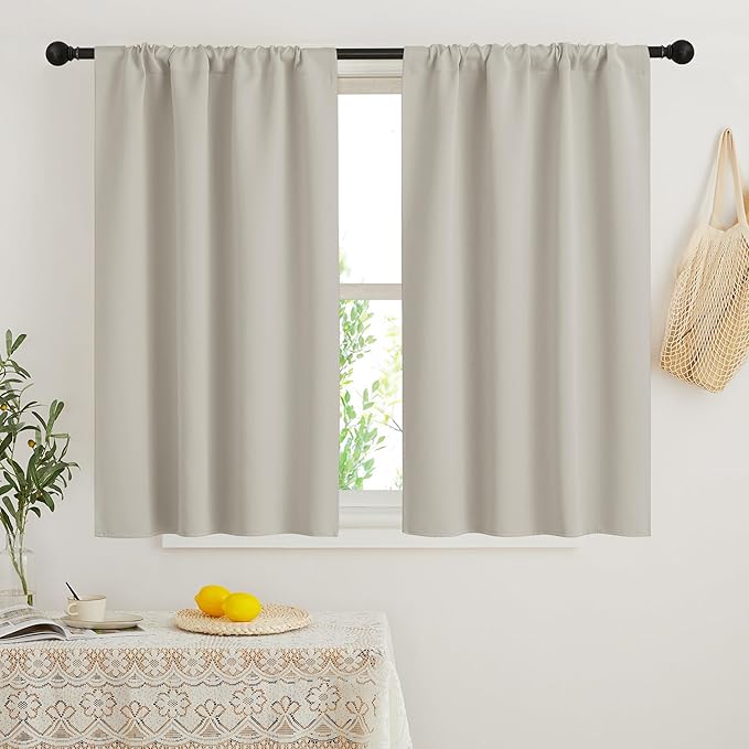 RYB HOME Short Curtains for Bedroom, Room Darkening Insulated Summer Heat Light UV Blocking Energy Saving Drapes for Nursery, Width 34 by Length 45, Natural, Set of 2