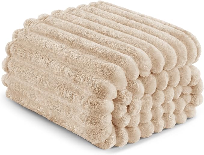 Exclusivo Mezcla Twin Size Flannel Fleece Blanket, Super Soft Striped Jacquard Bed Blanket, Lightweight Fuzzy Cozy for All Seasons, 60x80 Inches, Beige