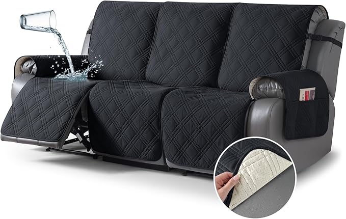 TAOCOCO 100% Waterproof Recliner Sofa Cover Non Slip Couch Cover for 3 Seat Reclining Sofa, Split Reclining Couch Covers 3-Piece with Straps, Washable Sofa Slipcover for Kids Pets(3 Seater, Black)