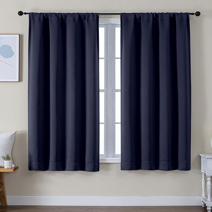 Simplebrand Ava Navy Blue Blackout Curtains for Bedroom 63 Inch Length 2 Panels Set, Solid Thermal Insulated Privacy Living Room Window Treatment Curtains Blackout Drapes, W50 x L63 Inch