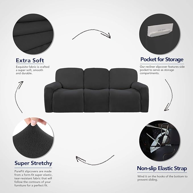 PureFit Super Stretch 3 Seats Recliner Chair Sofa Couch Cover with Pocket – Non Slip Soft Sofa Slipcover, Washable Spandex Reclining Furniture Protector for Kids, Pets (Recliner Sofa, Dark Gray)