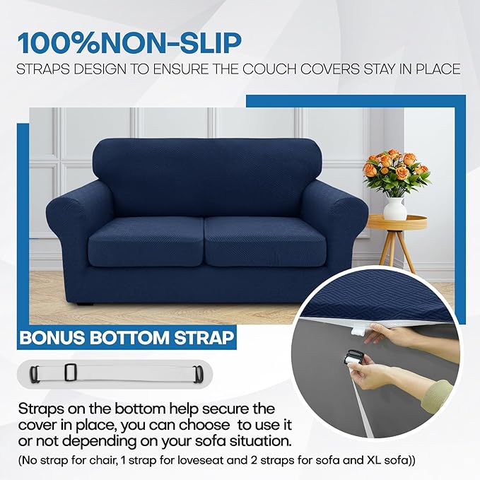 XINEAGE 2026 New 3 Pieces Couch Covers for 2 Cushion Sofa Super Stretch Loveseat Slipcover Pet Dog Universal Slip Cover Anti Slip Love Seat Furniture Protector (Navy Blue, 55"-69")