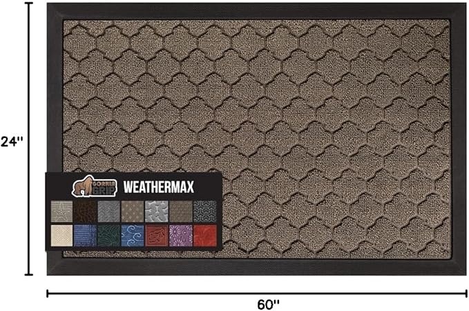 GORILLA GRIP 100% Waterproof All-Season WeatherMAX Doormat, 60x24, US Designed Natural Rubber, Stain and Fade Resistant, Low Profile Indoor Outdoor Door Mats, Easy Clean Patio Mat, Latte Quatrefoil