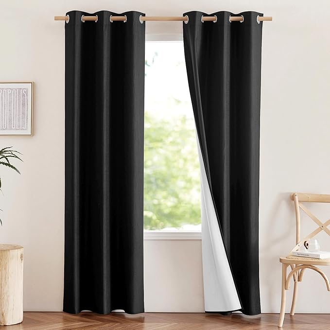NICETOWN Vintage Open Linen Weave Flax Thermal Curtains, 100% Blackout Curtains 84 inches Long for Dining Room, Soundproof Window Treatment Drapes for Hall Room, Black, 42" Wide Per Panel, Set of 2