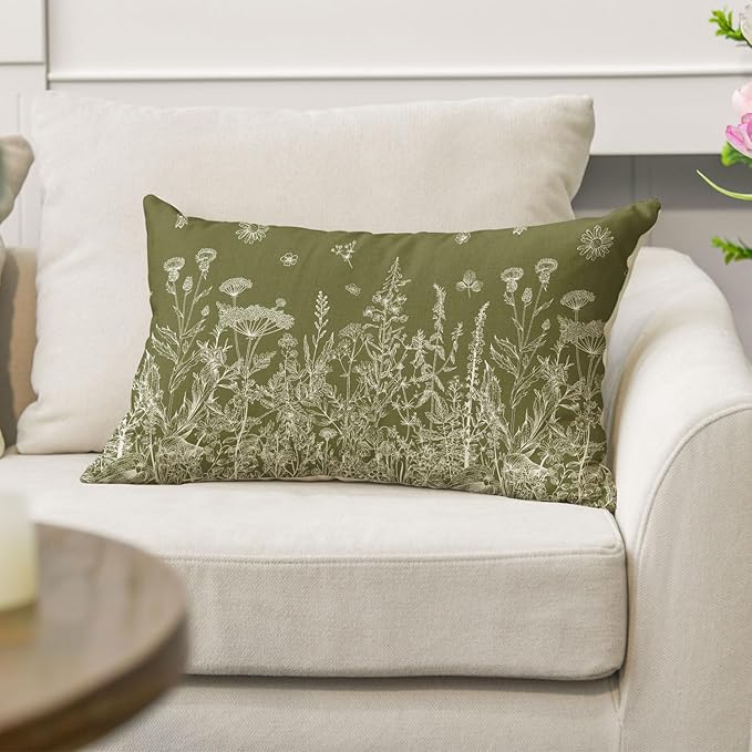 AVOIN colorlife Wildflowers Spring Moss Green Throw Pillow Cover, 12 x 20 Inch Floral Cushion Case Decoration for Home Sofa Couch