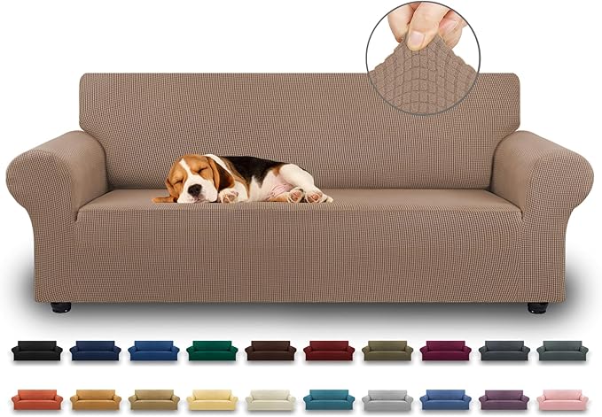 KEKUOU Stretch Sofa Cover Slipcover ，Couch Covers for 3 Cushion Couch Sofa pet Friendly (78"-94") Furniture Protector Sofa with Elastic Bottom for Kids,Dog, Jacquard Small Checked(Large,Camel)
