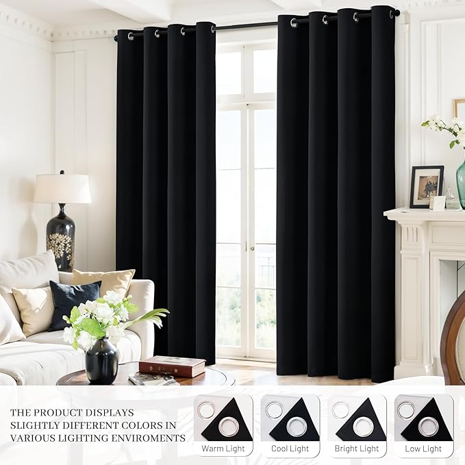 Yakamok 100% Blackout Curtains Black Room Darkening Thermal Insulated Window Curtain with 2 Thick Layers-Set of 2 Panels Grommet Top Drapes for Bedroom Living Room 52 Inches by 63 Inches Length