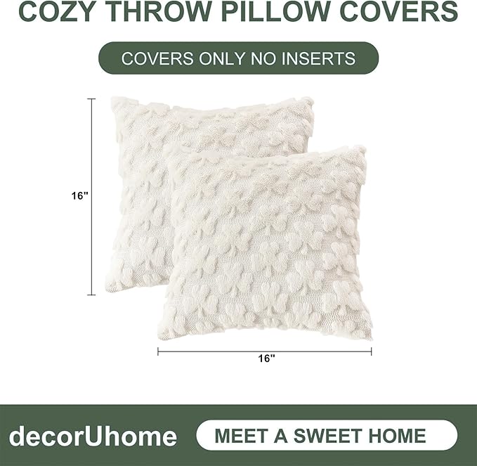 decorUhome St. Patrick’s Day Shamrock Pillow Covers 16x16 Inch Set of 2, Soft Plush Faux Wool Cream White Throw Pillow Covers, Farmhouse Spring Holiday Decor for Sofa Living Room