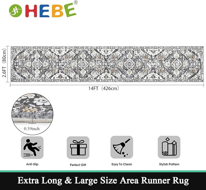 HEBE Hallway Runner Rug 2'8''x14' Washable Vintage Distressed Area Rugs Non Slip Laundry Rug Runner Boho Floor Carpet Runners for Hallways Entryway Laundry Room Kitchen Bathroom