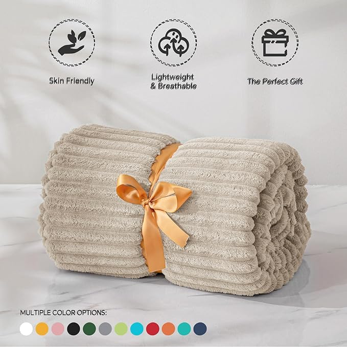 BEDELITE Fleece Blanket Queen Size – 3D Ribbed Jacquard Soft and Warm Decorative Fuzzy Blankets – Cozy, Fluffy, Plush Lightweight Throw Blankets for Couch, Bed, Sofa(Linen, 90x90 inches)