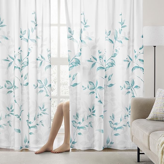 HOMEIDEAS Non-See-Through Teal and White Privacy Sheer Curtains 52 X 63 Inch Length 2 Panels, Leaf Floral Printed Light Filtering Semi Sheer Window Curtains Drapes for Bedroom Living Room