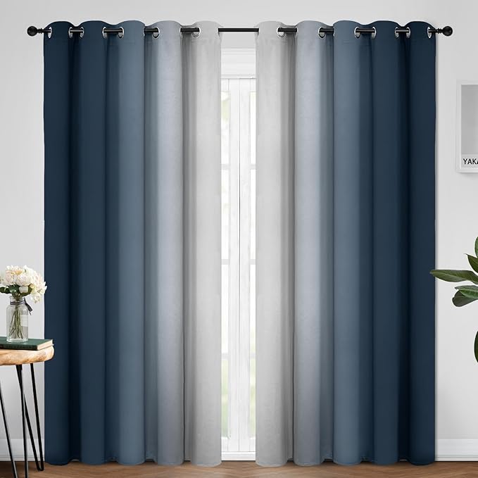 Yakamok Room Darkening Ombre Curtains 84 Inch Length, Navy Blue and Greyish White Thermal Insulated Gradient Color Curtains,Light Blocking Grommet Window Drapes for Bedroom,70 Inch Width,2 Panels