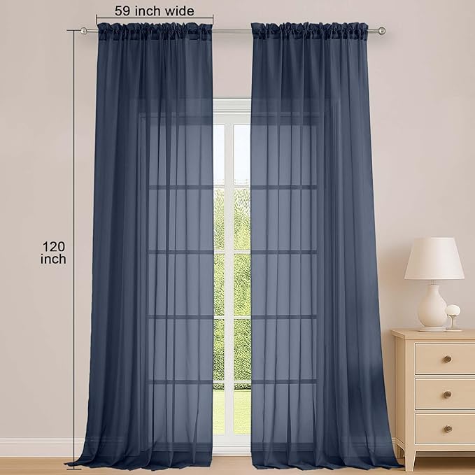 OWENIE Navy Blue Sheer Curtains 120 Inches Long 2 Panels Set, Airy Lightweight Sheer Navy Blue Curtain for Living Room Bedroom, Farmhouse Voile Filmy Rod Pocket Curtains Drapes, 2 Pcs, Each 59"Wx120"L