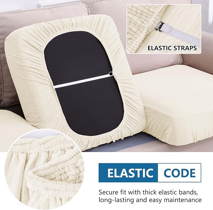 hyha Waterproof Couch Cushion Covers for Pets, Non Slip Sofa Seat Cover for Dogs Washable, Soft Thick Stretch Jacquard Fabric, Sofa Slipcovers with Elastic Bottom (1 Piece for Medium, Light Beige)