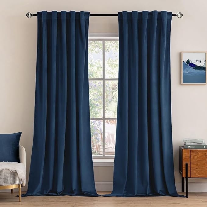 MIULEE Navy Blue Velvet Curtains 96 inches - Luxury Blackout Curtains for Bedroom Living Room Thermal Insulated Super Soft Window Drapes Rod Pocket & Back Tab, W52 x L96 inches, 2 Panels
