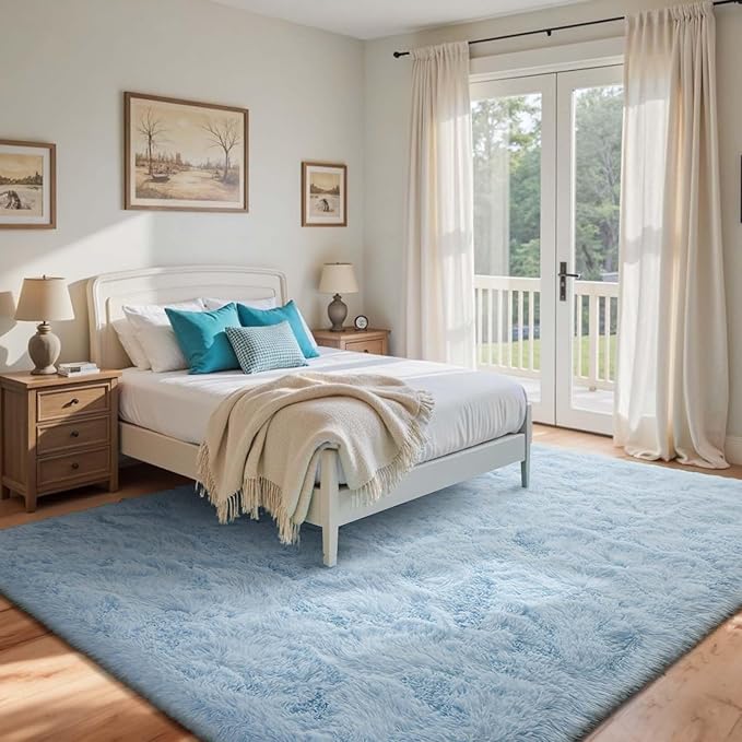 5x7 Ft Shag Area Rug for Bedroom, Ultra Soft Fluffy Furry Rugs for Living Room Indoor Floor, Aesthetic Carpet for Kids Home Decor (Light Blue)