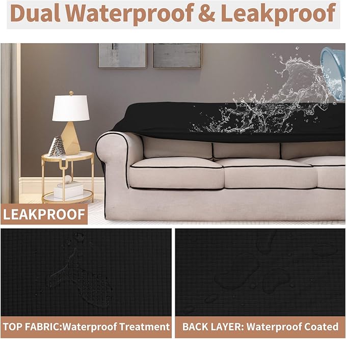 Easy-Going 100% Waterproof Loveseat Couch Cover, Dual Waterproof Sofa Cover, Stretch Jacquard Sofa Slipcover, Leakproof Furniture Protector for Kids, Pets, Dog and Cat (Loveseat, Black)