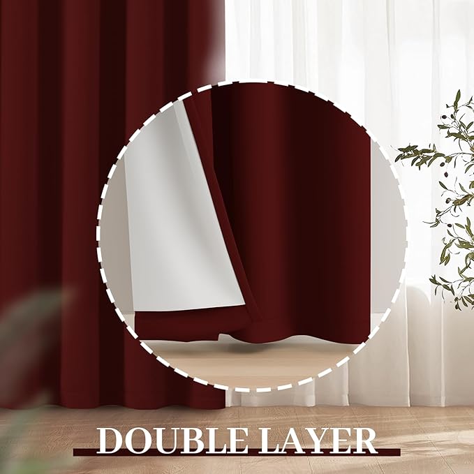 Yakamok Room Darkening 100% Blackout Curtains Grommet Window Treatments with 2 Thick Layers-Burgundy Red Thermal Insulated Drapes Set of 2 Panels for Bedroom Living Room 52 Inches by 84 Inches Length
