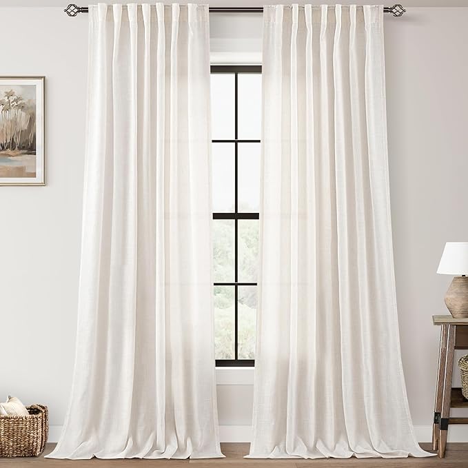 Natural Linen Curtain 105 inch Length 2 Panels Set Back Tab Light Filtering Living Room Curtain Drapes Home Office Modern Minimalist Decor Farmhouse Boho Neutral Cream Semi Sheer Curtain 105 inch Long