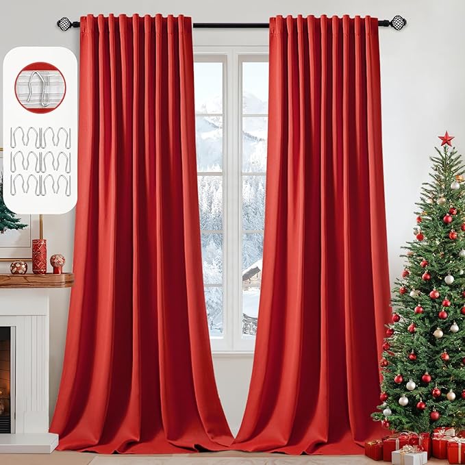 MIULEE Christmas Red Back Tab Blackout Curtains 102 Inch Long 2 Panels Set for Living Room Bedroom, Rod Pocket/Pinch Pleated Thermal Insulated Room Darkening Light Blocking Floor to Ceiling Drapes