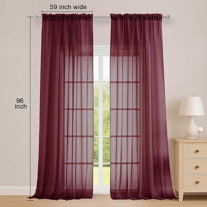 OWENIE Sheer Curtains 2 Panels Set for Bedroom Living Room, Soft Solid Rod Pocket Light Filtering Window Treatment, 2Pcs Each 59" W x 96" L, Burgundy Wine