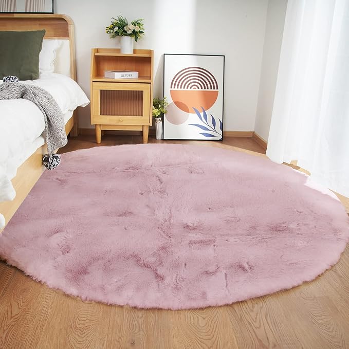 Ghouse Faux Rabbit Fur Round Rug 4ft Pink Round Rugs for Bedroom Decor Fluffy Area Rugs for Living Room, no-Shedding Carpet Sheepskin Washable Rug Rome Decor