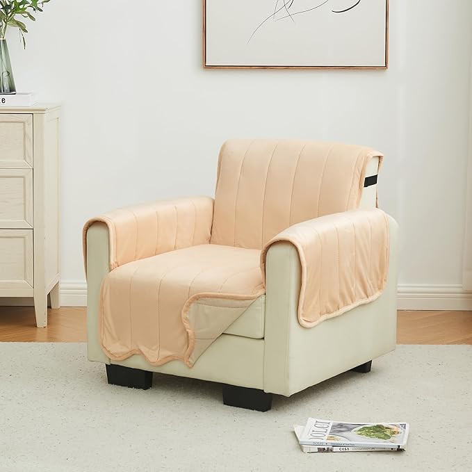 Great Bay Home Velvet Chair Cover - Washable Slipcover Furniture Protector with Elastic Straps - Furniture Cover for Dogs, Kids, and Pets - Stitched Detail (Peach)