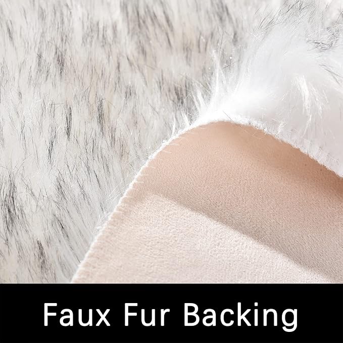 Latepis Circle Rugs 6.7ft for Living Room White with Grey Tips Faux Sheepskin Fur Round Rugs for Bedroom Fluffy Washable Rug Cute Home Décor