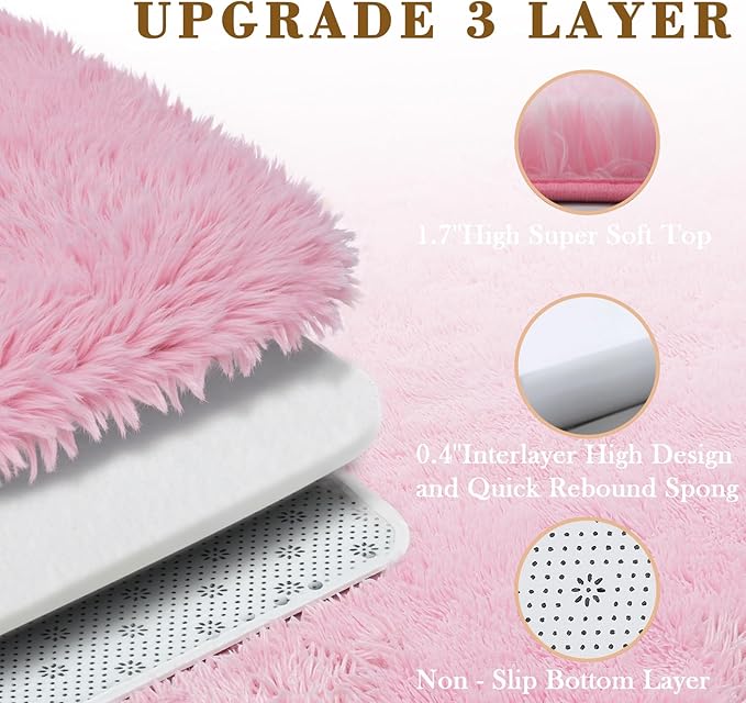 3x5 Rug, Bedside Preppy Dorm Area Rug, College Essentials Small Carpets for Bedroom, Anti Slip Fluffy Pink Living Room Rugs Home Decor Aesthetic(3 x 5, Pink)