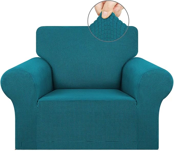 KEKUOU Stretch Single Sofa Slipcover 1 Piece Couch Sofa Cover (31"-55") Furniture Protector 1 Seater Sofa with Elastic Bottom for Kids,Pet.Jacquard Small Checked Pattern Fabric(Small,Peacock Blue)