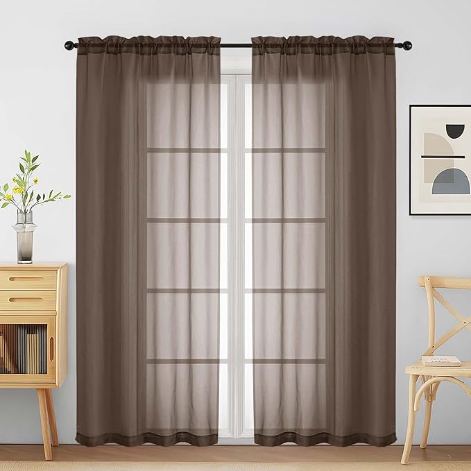 Chocolate Sheer Curtains for Window 72 inches Long 2 Panels Set, Soft Airy Modern Light Filtering Sheer Curtains for Living Room Bedroom, Dual Rod Pocket Solid Window Drapes, 2x42Wx72L inches