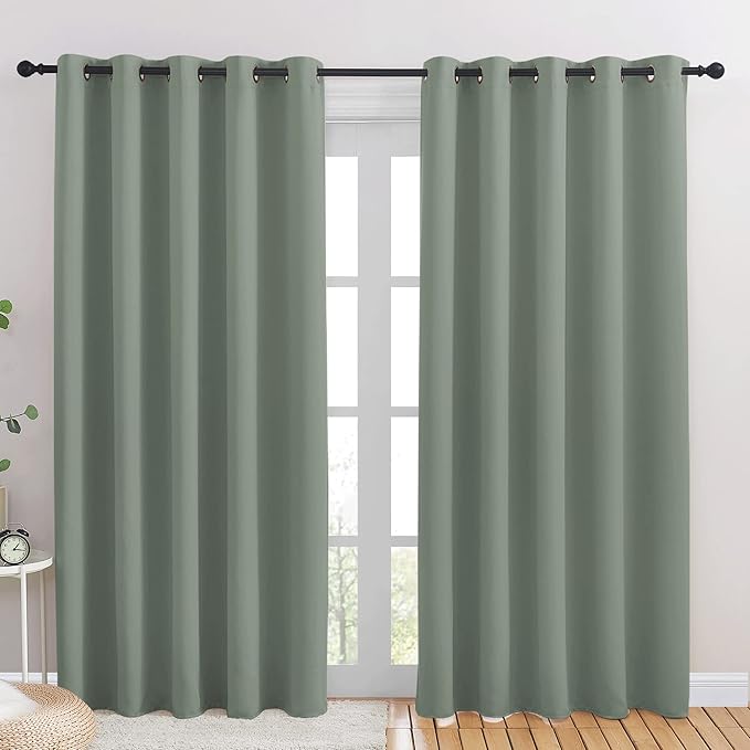 NICETOWN Blackout Draperies Curtains for Kids Room, Window Treatment Thermal Insulated Solid Grommet Blackout Drape Panels for Bedroom (Greyish Green, Set of 2, 70 by 84 inches)