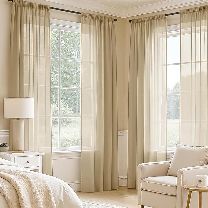 MIULEE Beige Sheer Curtains 84 Inches Long, 4 Panels Set, Rod Pocket Voile Drapes Light Filtering and Semi Transparent, Elegant Window Treatments for Bedroom Living Room,54 x 84 Inches