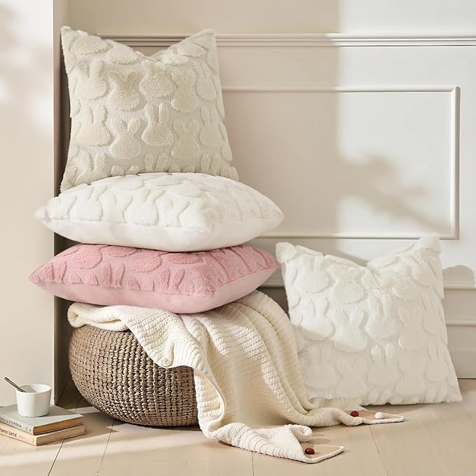 decorUhome Easter Bunny Pillow Covers 16x16 Inch Set of 2, Soft Plush Faux Wool Jacquard Beige Rabbit Cushion Covers, Farmhouse Neutral Spring Easter Holiday Decor for Couch Sofa Bed
