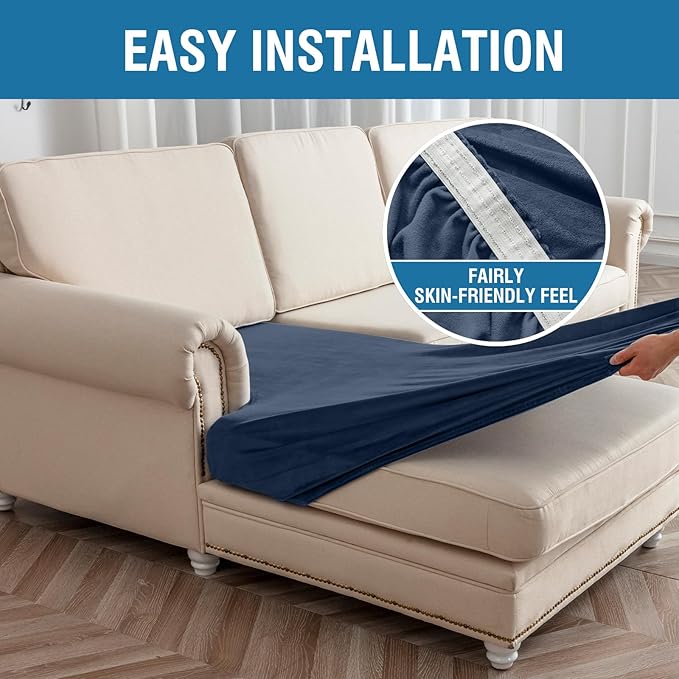 Couch Cover Velvet Chaise Cushion Cover for Sectional Sofas - Elastic L-Shaped Sofa Seat Covers Washable, Slipcover Protector (1-Piece, Berlin Blue)