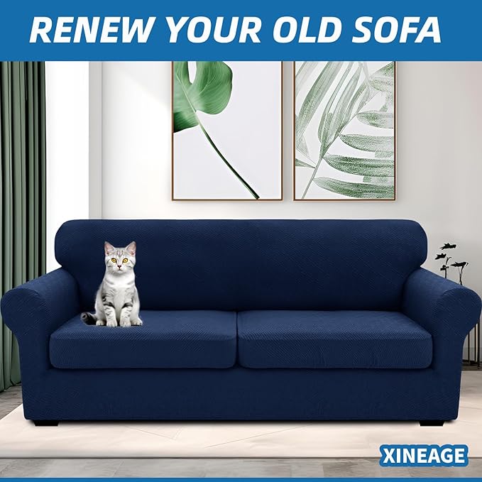 XINEAGE 2026 New 3 Pieces Couch Covers for 2 Extra Large Cushion Sofa Super Stretch Sofa Cover for 2 Large Seat Universal Loveseat Slip Cover for Living Room (Navy Blue), 71"-91"(2 Cushions)