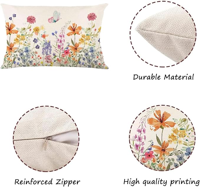 ONFAON Spring Summer Pillow Covers 20x12 Set of 4,Seasonal Holiday Farmhouse Decor Flower Cushion Case for Couch Sofa Living Room Bedroom Home Indoor Decor