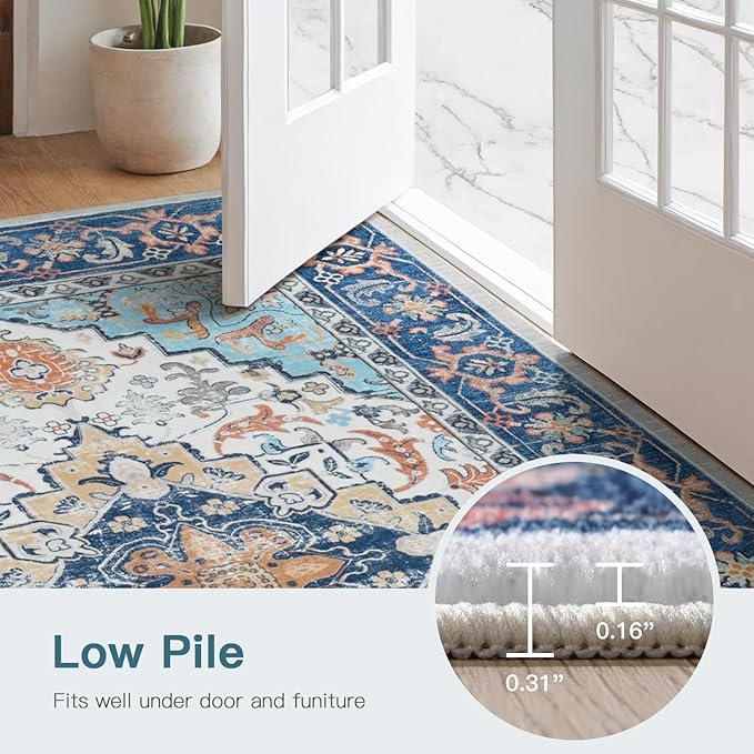 Lofus 3x5 Area Rugs for Living Room, Machine Washable Area Rug, Soft Small Rugs for Bedroom, Kitchen, Office and Indoor, Vintage Boho Carpet, Non-Slip Low Pile Carpets, Floral Blue