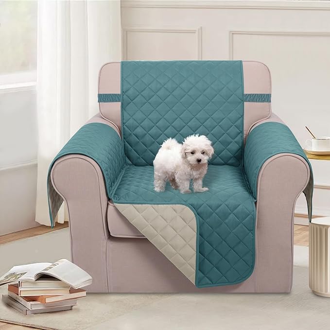 U-NICE HOME Recliner Chair Covers Reversible Chair Cover Pet Covers for Dogs with Elastic Straps Water Resistant Diamond Quilted (23''Armchair, Blue/Beige)