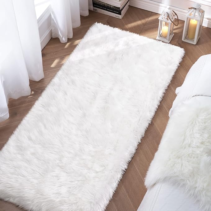 White Fluffy Rug for Bedroom, 2'X6' Faux Fur Rug for Runner, Soft Shag Rug for Sofa Couch Cushion, Cozy Shaggy Fuzzy Plush Floor Carpet for Nursery, Cute Bedside Dorm Home Decor Rectangle