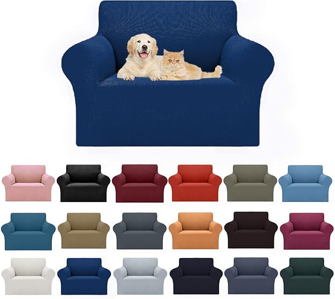 Cupuamon 2026 New Stretch Chair Sofa Slipcovers Couch Cover for 1 Seater Furniture Protector Sofa Covers with Elastic Bottom Jacquard Fabric Small Checks for Pets, Kids - Classic Blue