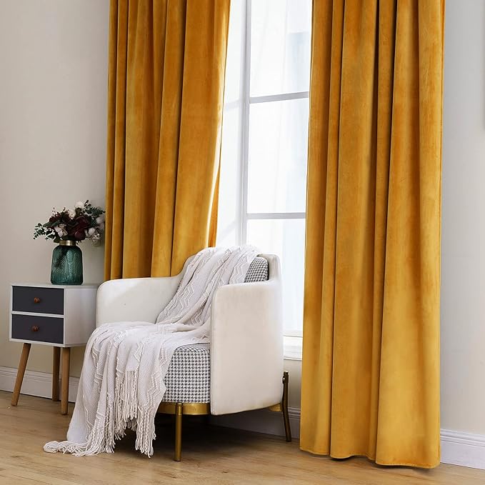MIULEE Velvet Curtains 108 inches Long 2 Panels - Luxury Blackout Curtains for Bedroom Living Room Thermal Insulated Fall Decor Super Soft Window Drapes Rod Pocket & Back Tab, Mustard Yellow