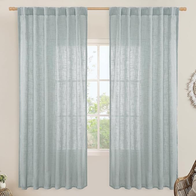 LAMIT Linen Blended Curtains for Bedroom, Faux Linen Textured Light Filtering Drapes Back Tab and Rod Pocket Boho Burlap Panels for Farmhouse/Living Room, 2 Panels, 52 x 72 Inch, Greyish Blue