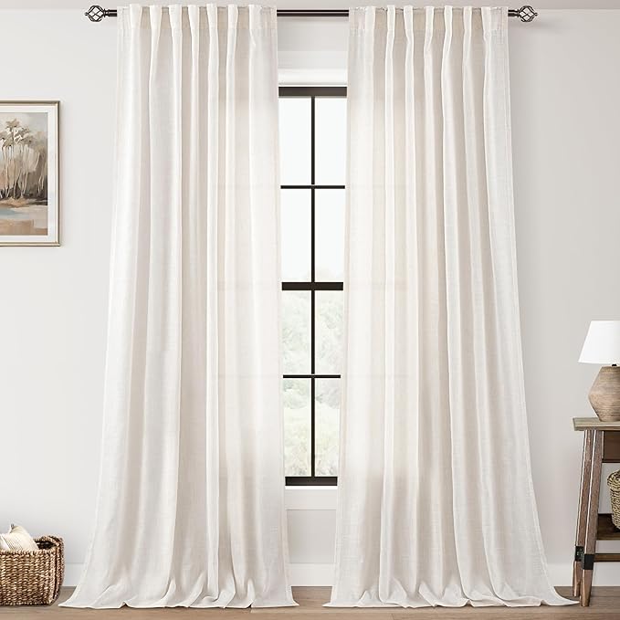 Natural Linen Curtain 102 inch Long 2 Panels Set Back Tab Light Filtering Living Room Curtain Drapes Home Office Modern Minimalist Decor Farmhouse Boho Neutral Cream Semi Sheer Curtain 102 inch Length