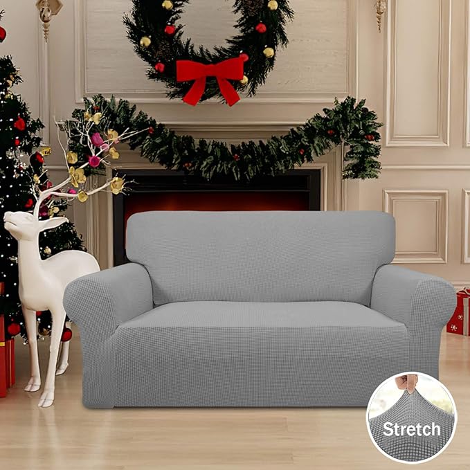 Easy-Going Stretch Loveseat Slipcover 1-Piece Sofa Cover Furniture Protector Couch Soft with Elastic Bottom for Kids Polyester Spandex Jacquard Fabric Small Checks (Loveseat, Light Gray)