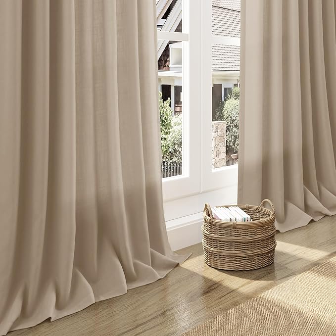 Nanspring Sepia Beige Linen Curtains 96 Inches Long for Living Room Rustic Farmhouse Decor Light Filtering Semi Sheer Curtain Back Tab Neutral Modern Luxury Drapes for Bedroom Office 52x96, 2 Panels