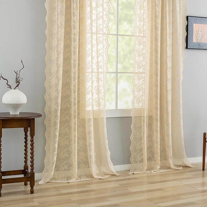 YJ YANJUN Vintage Lace Curtains 84 Inches Long-Retro Floral Beige Sheer Curtain Panels for Living Room Bedroom Shabby Chic Crochet Drapes Grandma Core Decor Light Filtering Pair W52 X L84 Light Beige