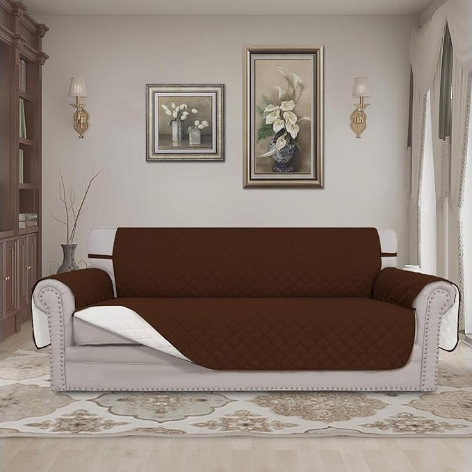 Easy-Going 4 Seater Sofa Slipcover Reversible Sofa Cover Water Resistant Couch Cover with Foam Sticks Elastic Straps Furniture Protector for Pets Children Dog Cat (XX-Large, Coffee/Ivory)