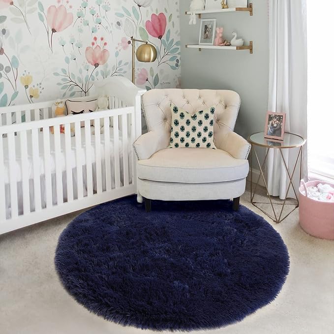 Dark Navy Round Rugs 5Ft for Teen Boys Bedroom, Circular Fluffy Shag Fuzzy Plush Circle Area Rug for Kids Room, Living Room Decor Aesthetic, Indigo Furry Cool Dark Blue Carpet for Dorm Baby Nursery